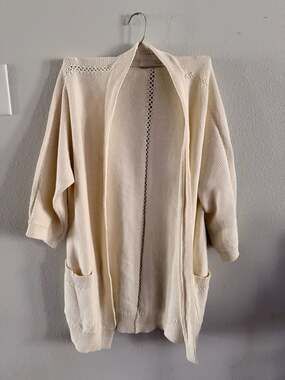 Wilfred Free Aritzia Cream Open Front Pointelle Knit Cardigan with Pockets